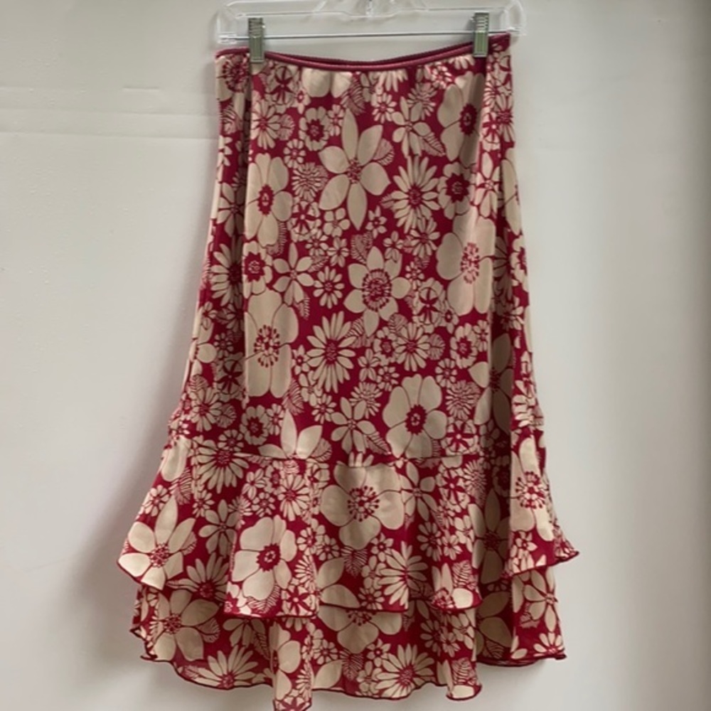 Jonathan Martin Studio Floral Ruffle Hem Midi Skirt Red Cream Size 6